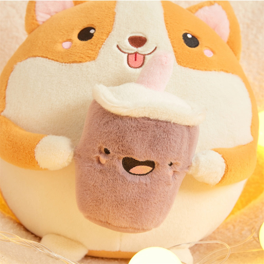 Peluche ronde Corgi Bubble Tea pour enfants