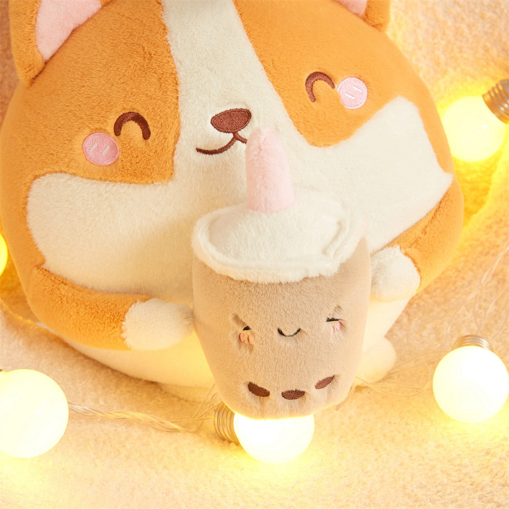 Peluche ronde Corgi Bubble Tea pour enfants