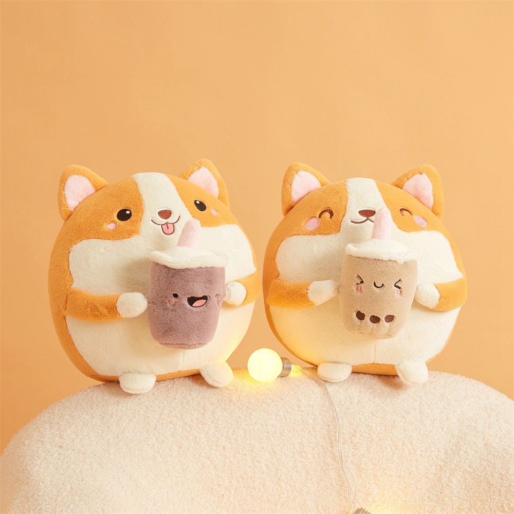 Peluche ronde Corgi Bubble Tea pour enfants