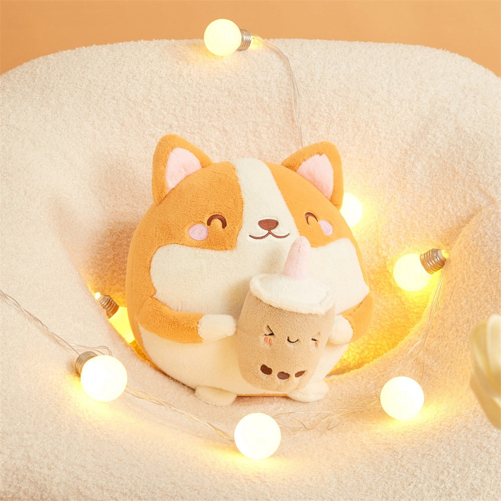 Peluche ronde Corgi Bubble Tea pour enfants