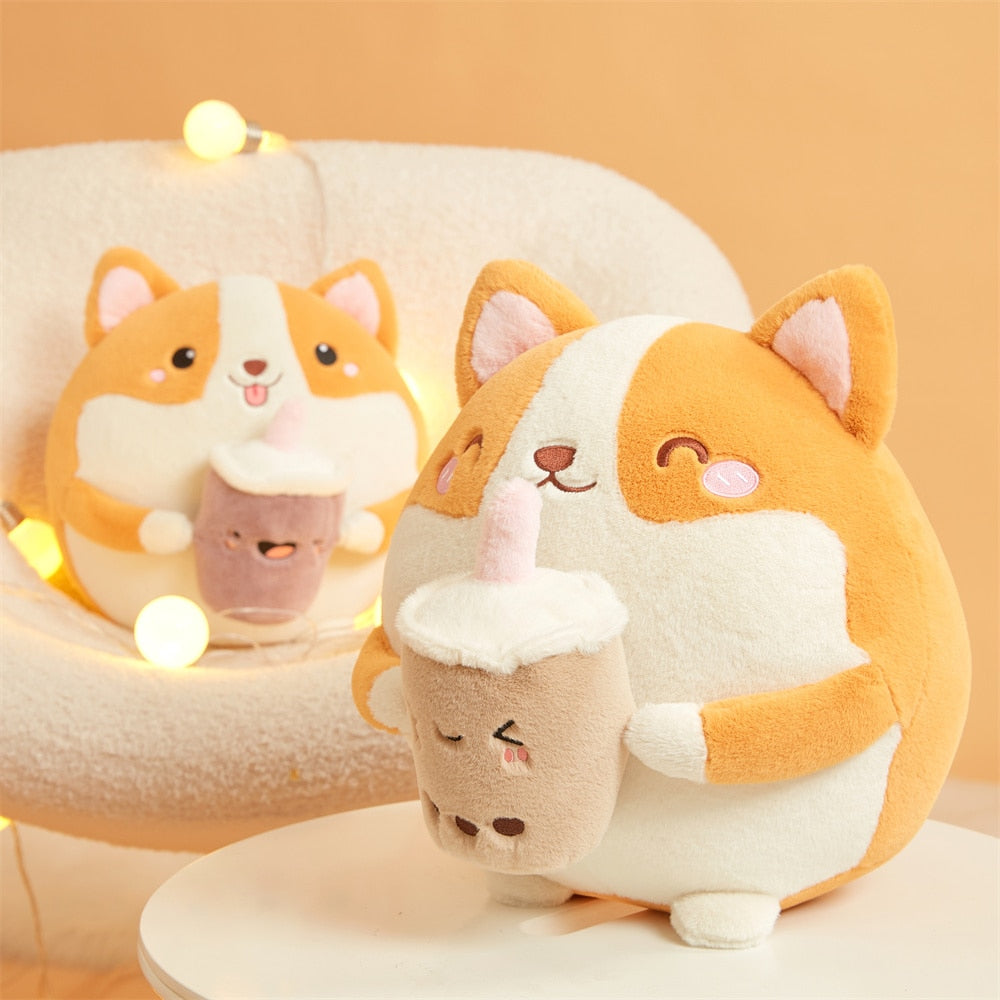Peluche ronde Corgi Bubble Tea pour enfants