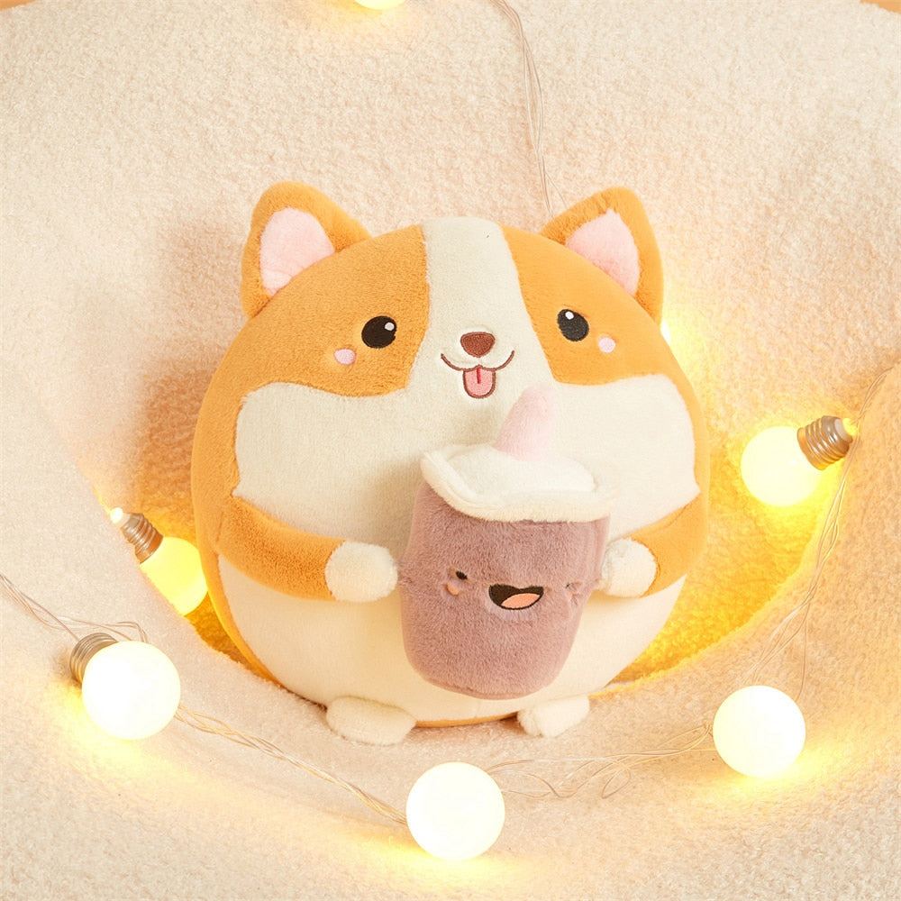 Peluche ronde Corgi Bubble Tea pour enfants