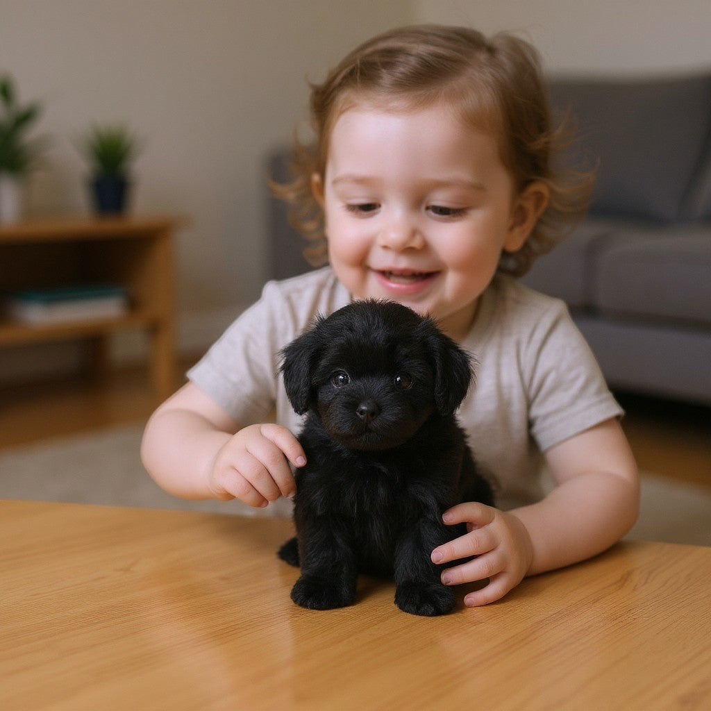 Wllio black plush puppy stuffed animal toy, realistic, weighted, soft, and huggable.