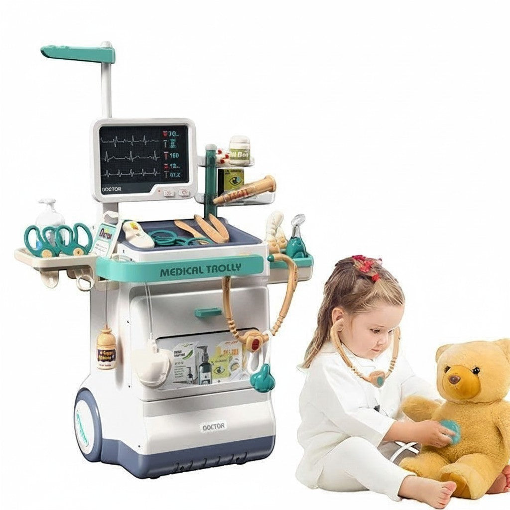 Wllio doctor playset medical trolley with stethoscope, syringe, and other tools. A child plays doctor with a teddy bear.