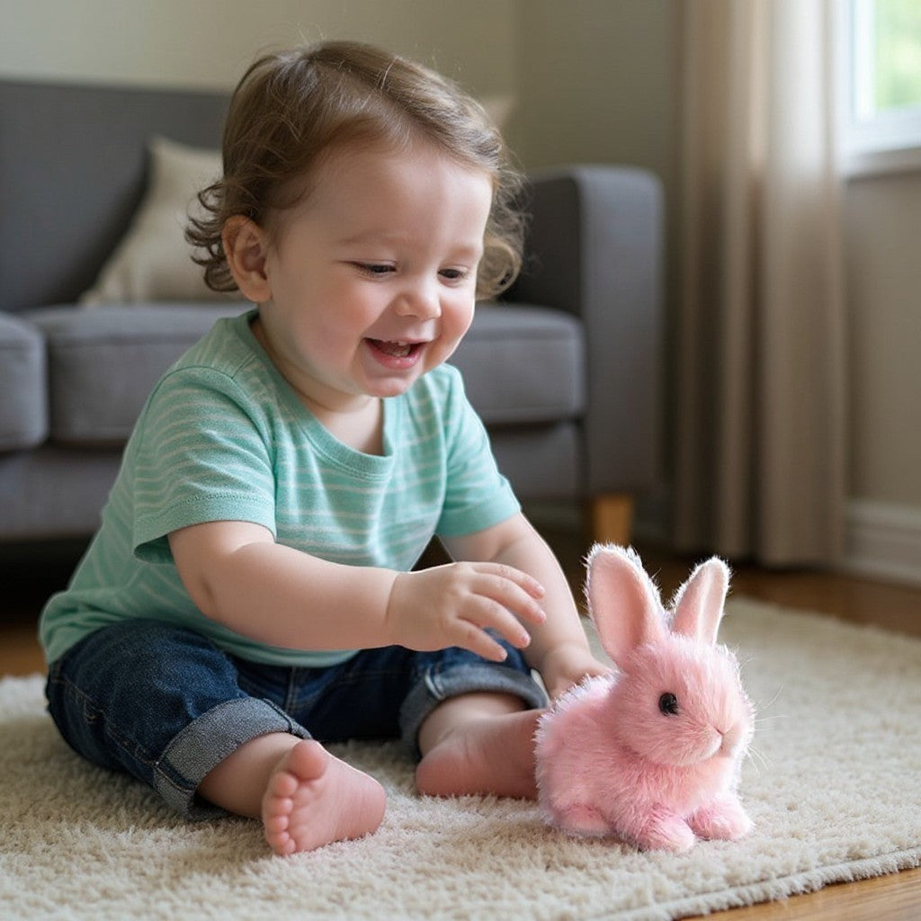 Wllio pink plush bunny stuffed animal, soft and cuddly baby toy for toddlers, made of plush fabric.