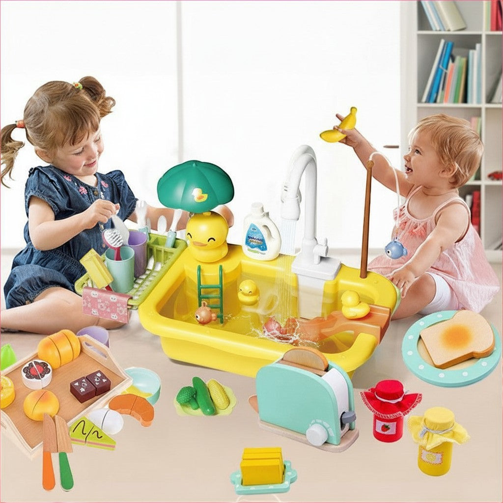 Wllio pretend play kitchen set with yellow sink, wooden toaster, dessert set, and play food for kids aged 3+.