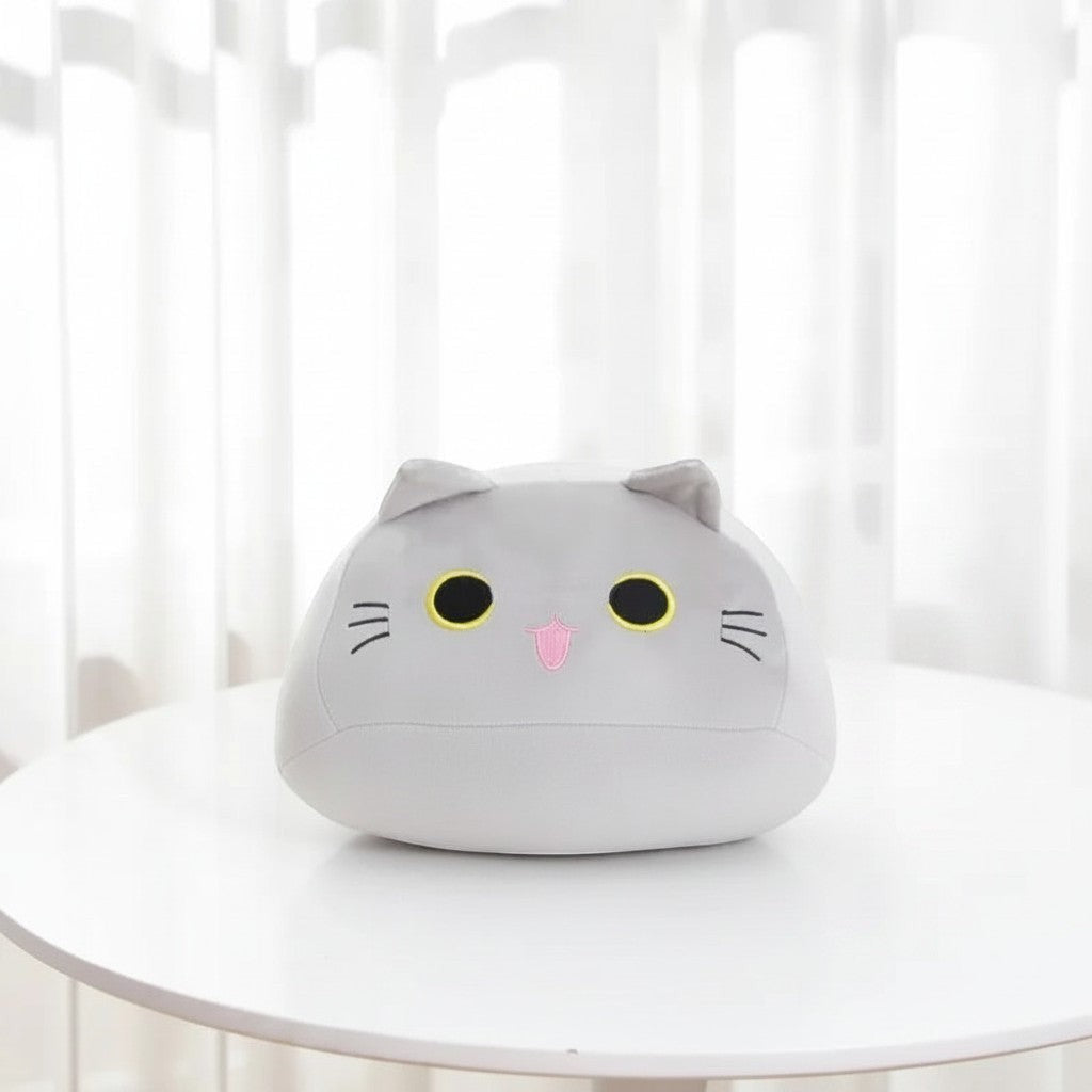 wllio.com grey plush cat pillow with yellow eyes and pink tongue, 35cm
