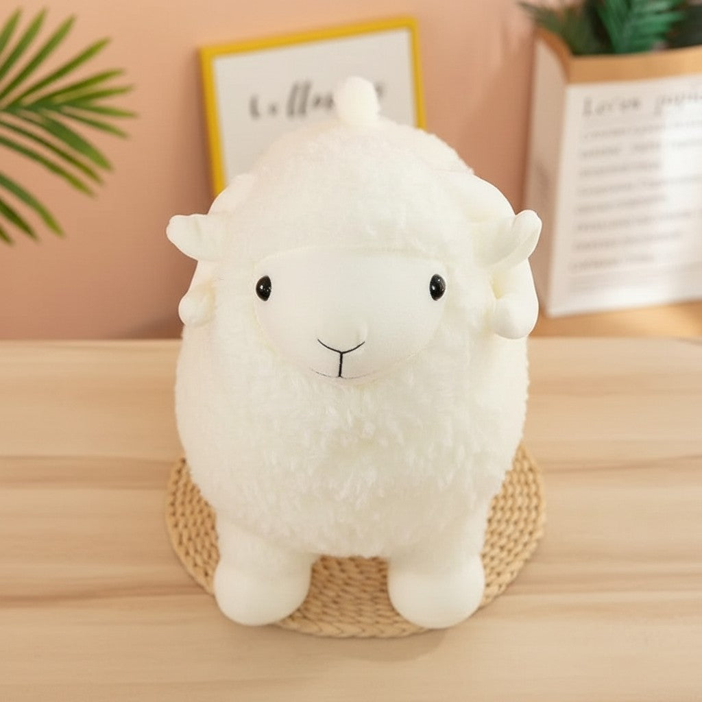 wllio.com white fluffy lamb plush toy with black eyes and curled horns, soft stuffed animal for kids