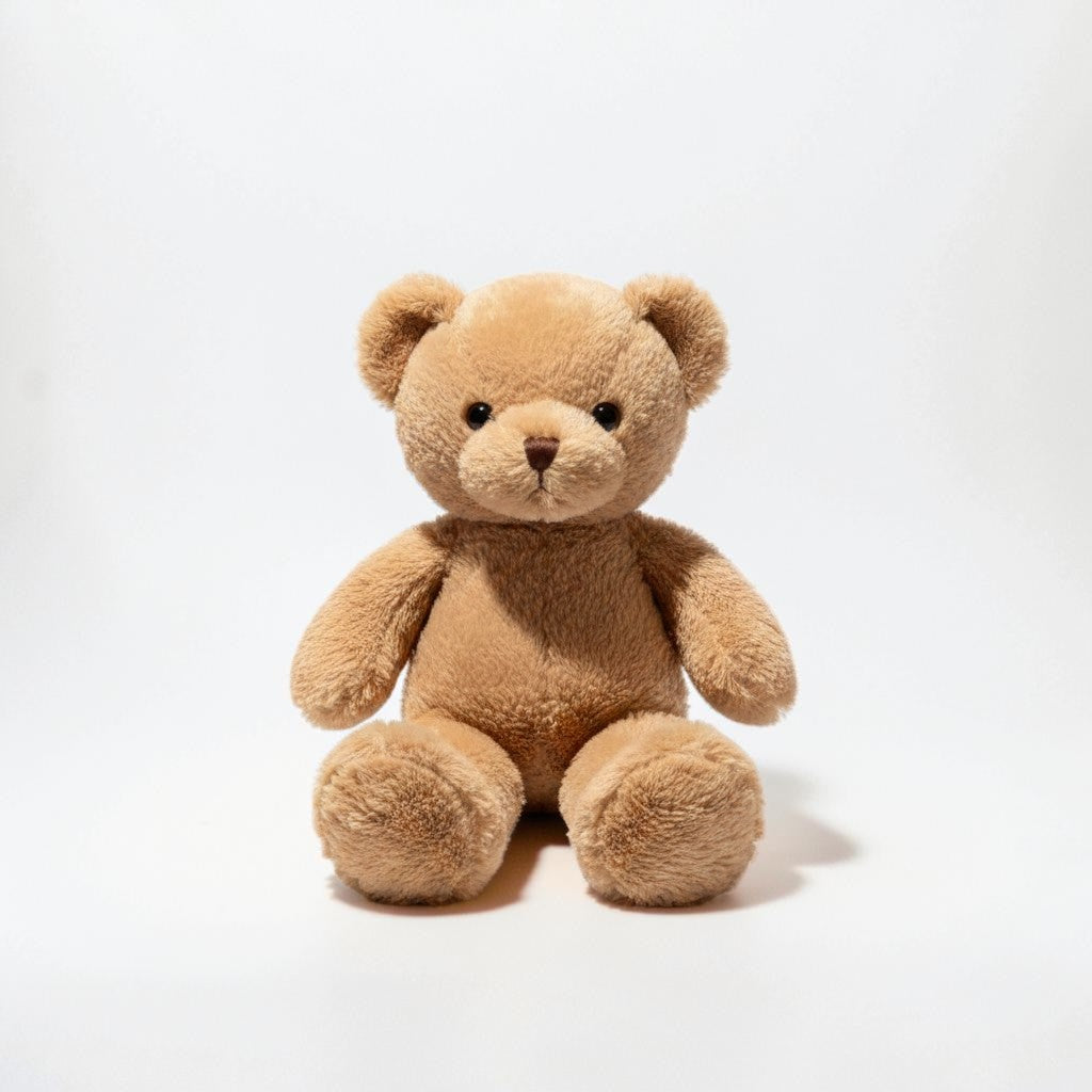 wllio.com light brown teddy bear plush toy with soft fur and classic design, sitting on a rug in a child's bedroom.