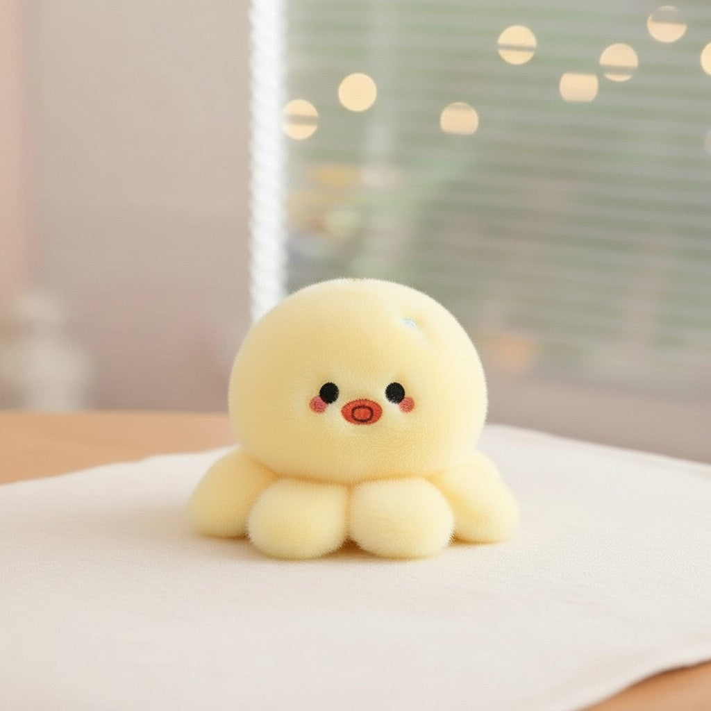 wllio.com yellow plush octopus keychain with cute embroidered face and soft stuffed animal design.