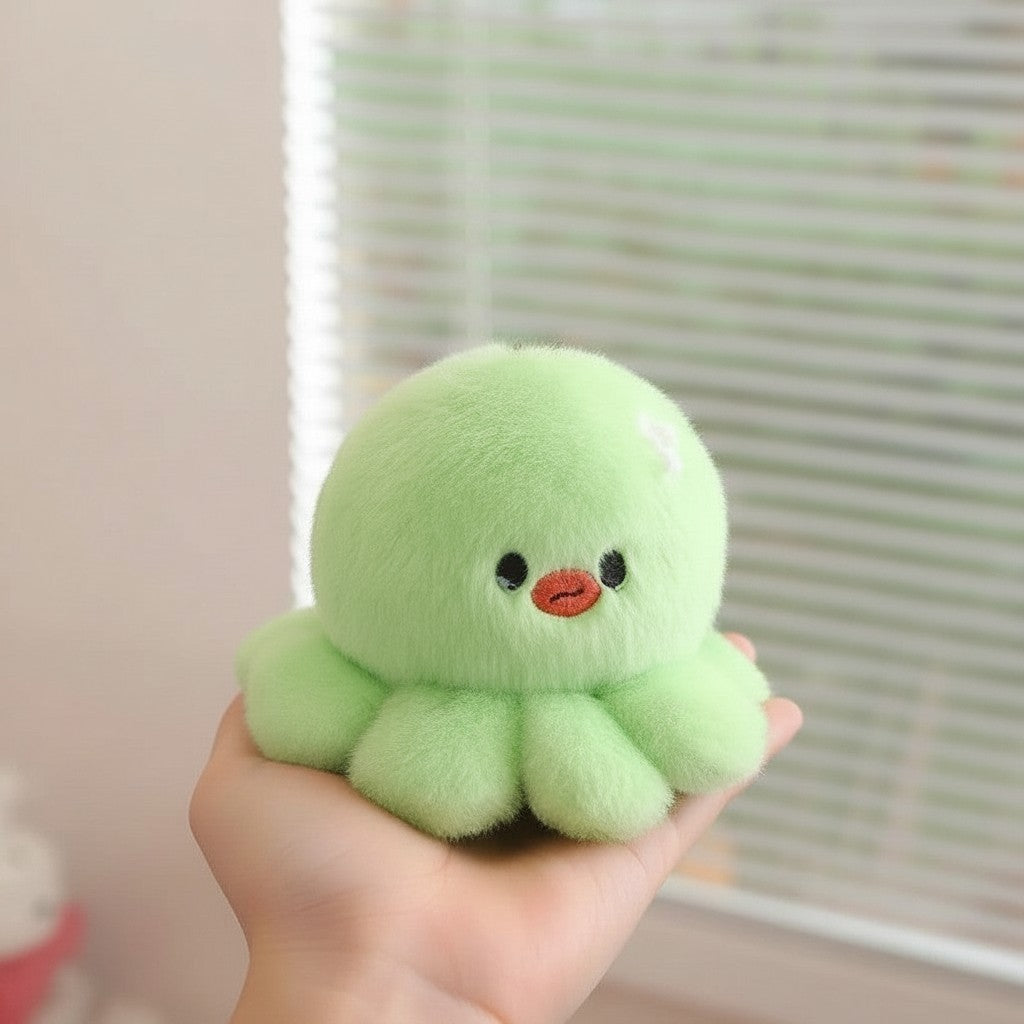 wllio.com light green plush octopus keychain with cute face and soft stuffed animal design.