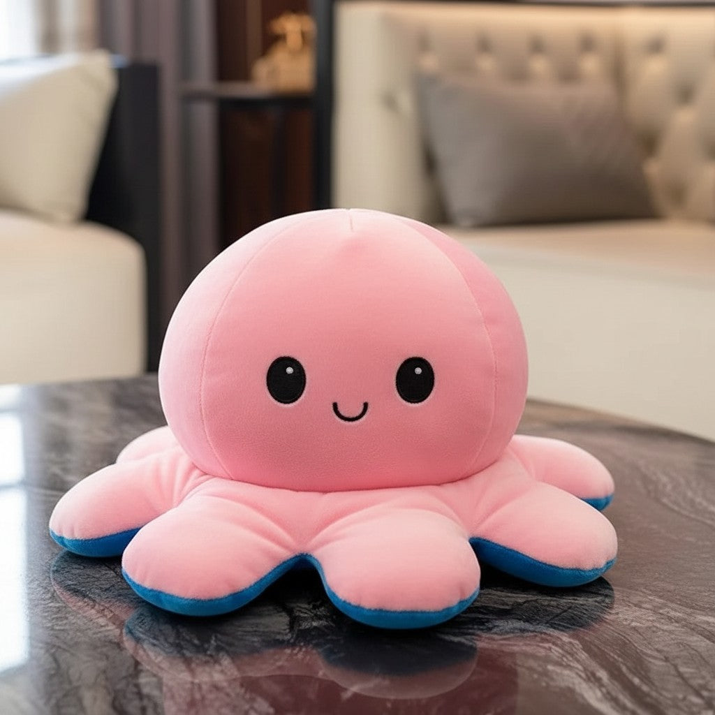 wllio.com reversible octopus plush toy, yellow, pink, blue, and orange, double-sided emotion design, soft polyester plush