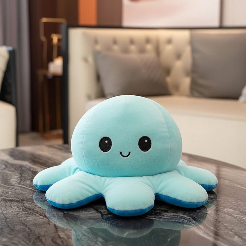 wllio.com reversible octopus plush toy in yellow, pink, blue, and orange with double-sided emotion faces for kids.