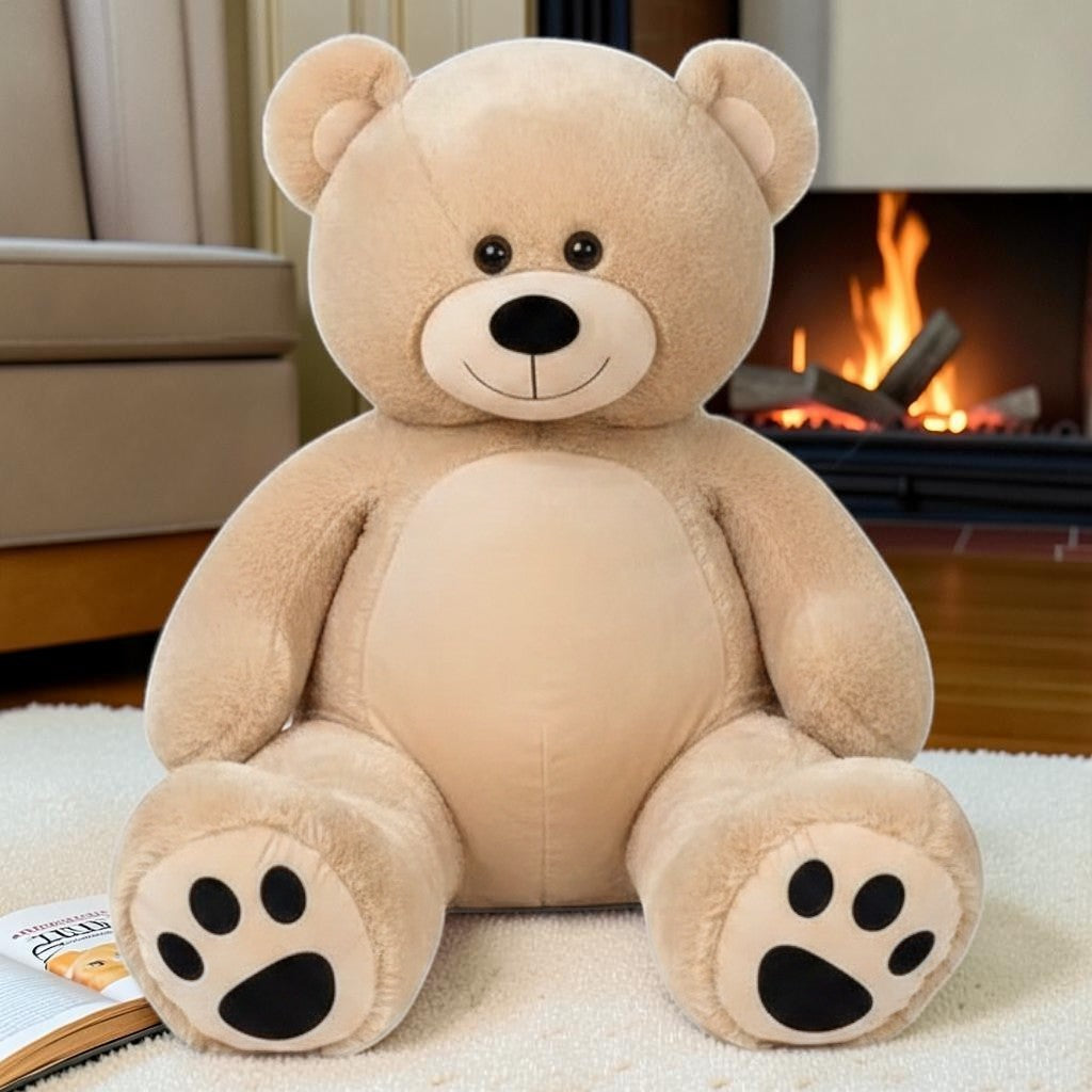 wllio.com light brown teddy bear plush toy with embroidered face and paw details, lying down.