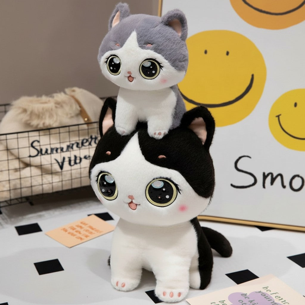wllio.com black and white cat plush toy with big sparkling eyes, and a grey cat plush toy on top.