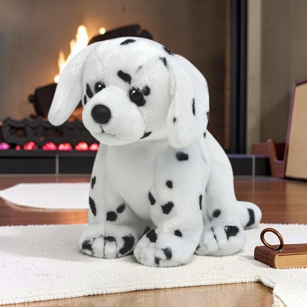 wllio.com white and black spotted dalmatian puppy plush toy, soft velour, sitting pose, for kids