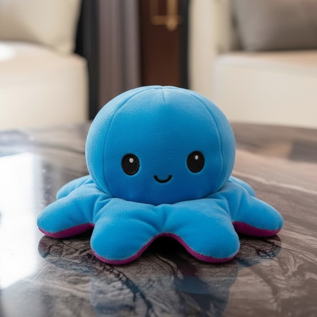 wllio.com reversible octopus plush toy, blue side happy, orange side grumpy, soft polyester, PP cotton filling