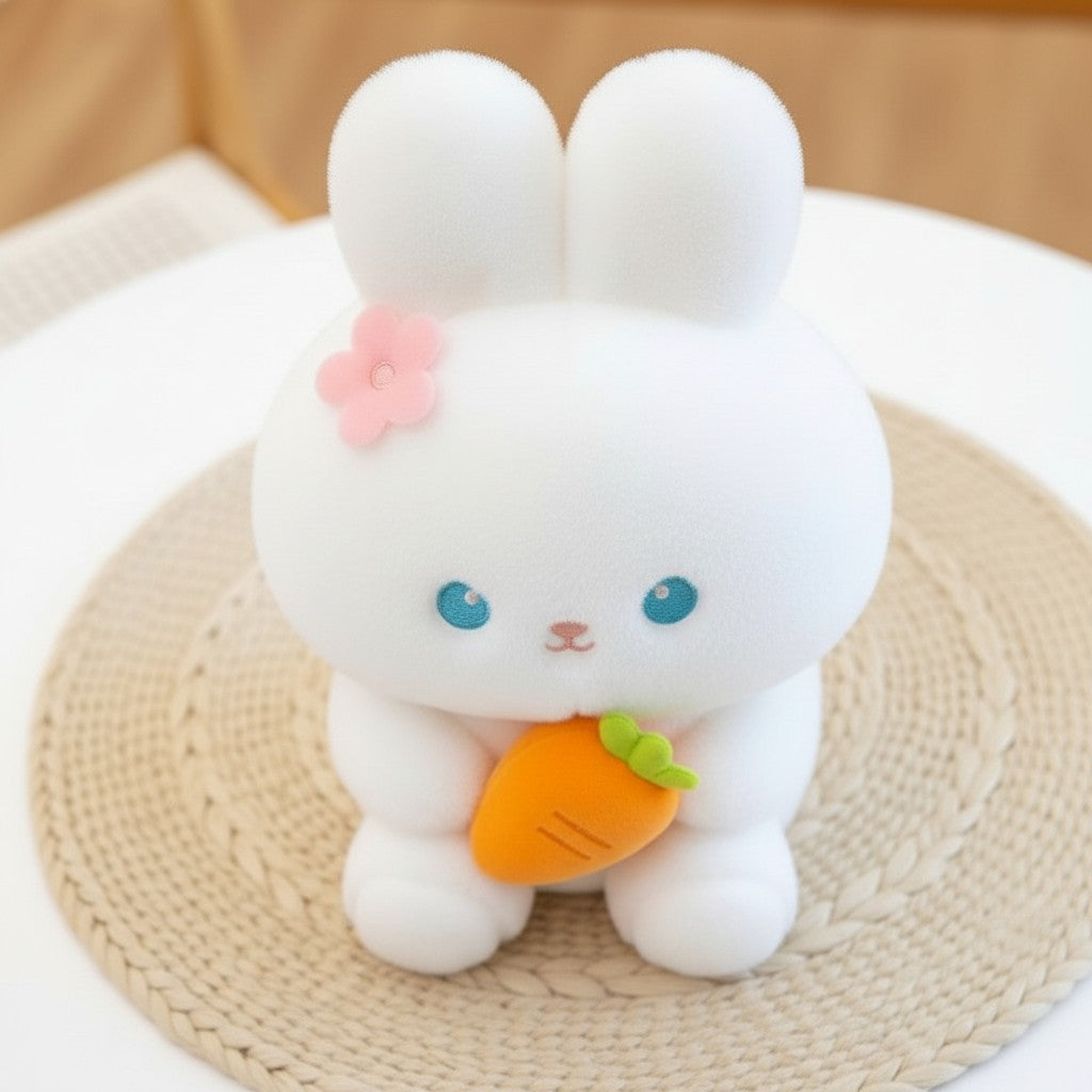 White plush bunny toy with blue eyes, pink flower accent, and orange carrot accessory. Soft stuffed animal for kids.