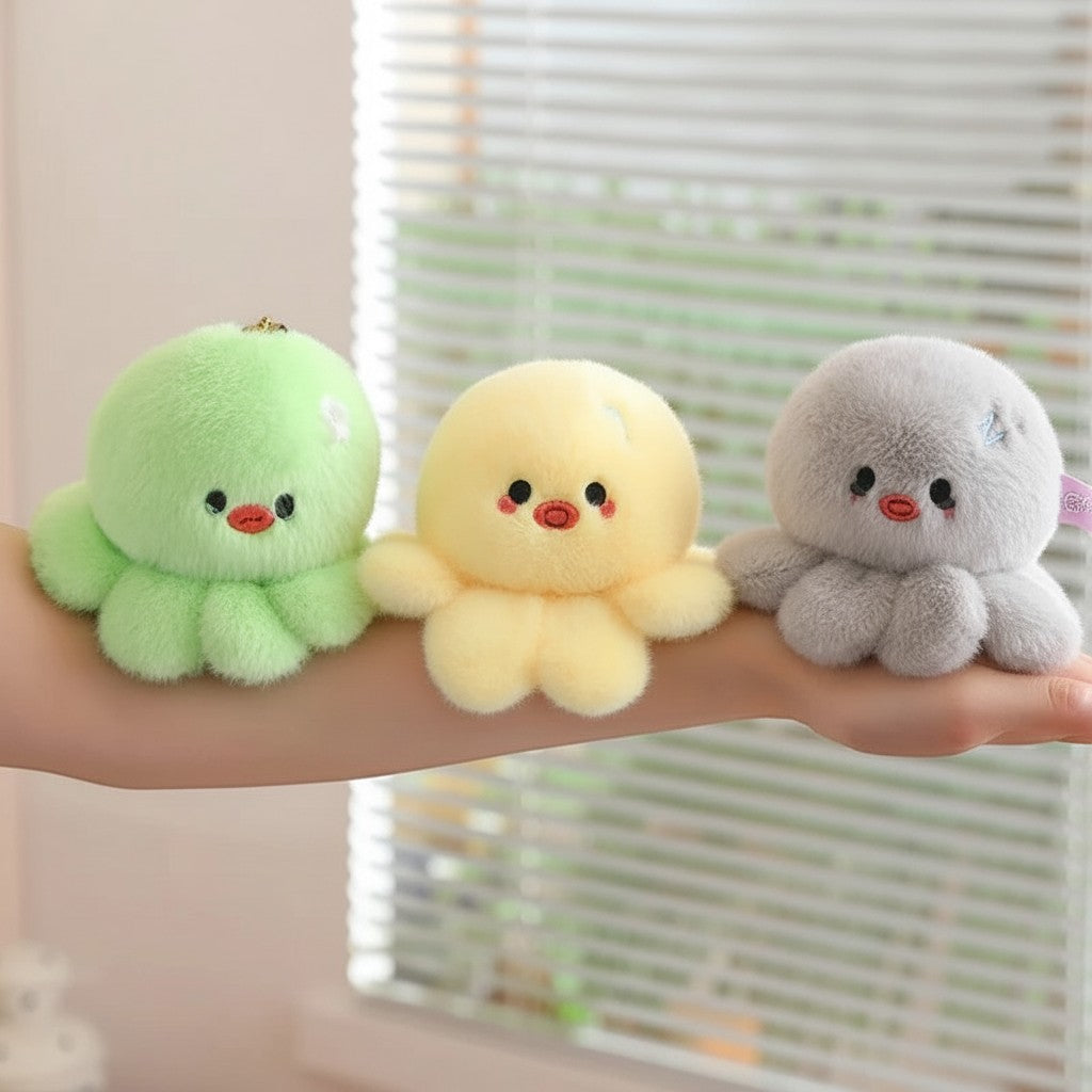 wllio.com green, yellow, and gray plush octopus keychains with soft stuffed animal design and cute facial features.