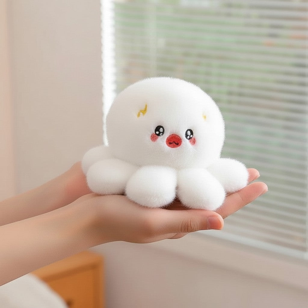 wllio.com white plush octopus keychain with cute embroidered face and yellow lightning bolt accents.