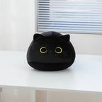 wllio.com black plush cat pillow with yellow eyes, pink cat pillow with blue eyes, and tan dog pillow with tongue out.