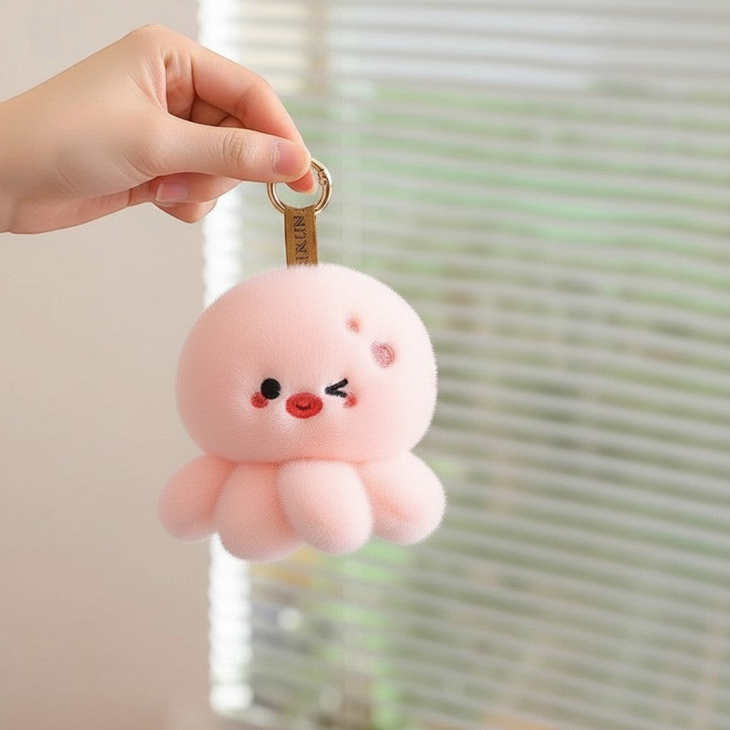 wllio.com pink plush octopus keychain with cute embroidered face and dangling tentacles.