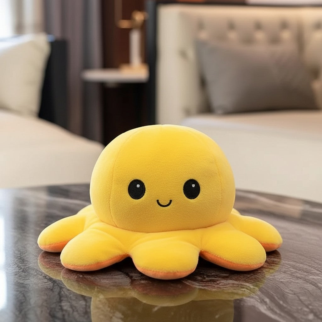 wllio.com reversible octopus plush toy in yellow, pink, blue, and orange with double-sided emotion faces.