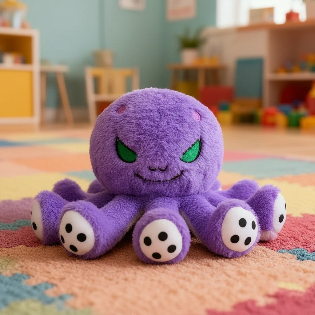 wllio.com reversible octopus plush toy with happy and angry faces, soft stuffed animal for kids