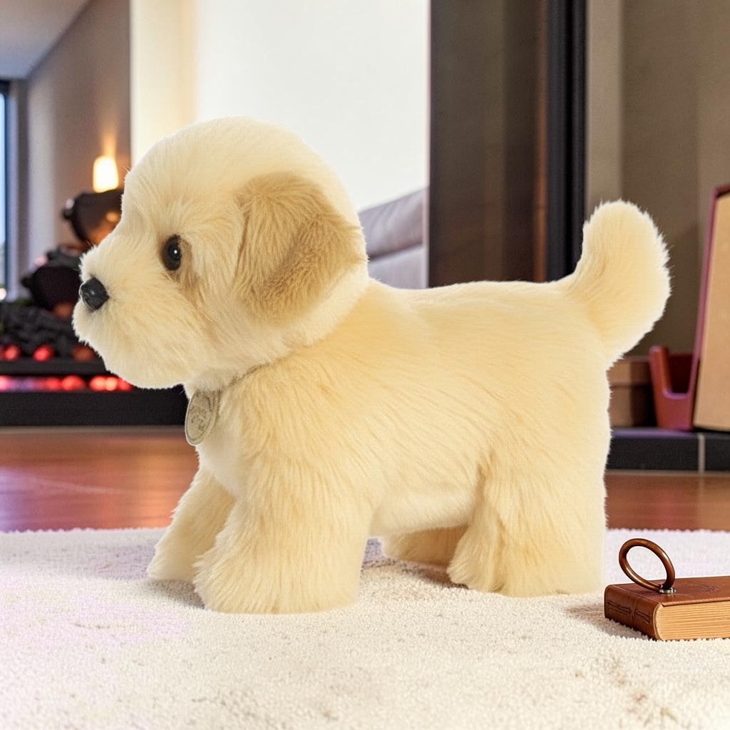 wllio.com yellow puppy plush toy with curly fur and a cute sitting pose. Soft velour and PP cotton filling.