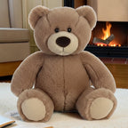 wllio.com brown teddy bear plush toy with embroidered face, soft polyester fabric, lying pose.