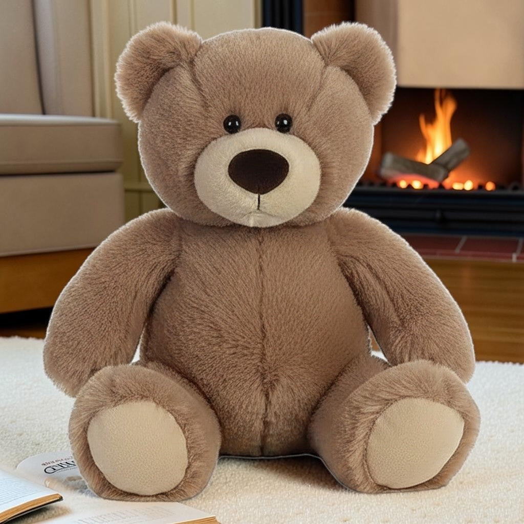 wllio.com brown teddy bear plush toy with embroidered face, soft polyester fabric, lying pose.