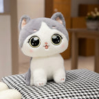 wllio.com grey and white plush cat toy with big sparkling eyes and pink cheeks, and a black and white plush cat toy.
