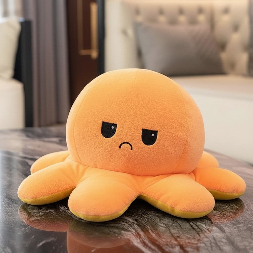 wllio.com reversible octopus plush toy, blue side happy, orange side grumpy, soft polyester plush, PP cotton filling